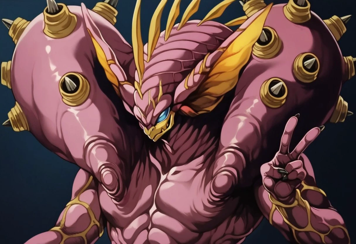Full body image "(Highest quality, 8k, ultra-detailed), Portraiture, dai, Muscular, Calm, Fearless smile, detailed,strict, Intimidating, Powerful, Show off his strength", Brainwashed and possessed by Majin Buu,Controlled by an evil heart,Demon body and wing tattoo on forehead,Black slimy tentacles,Huge erect penis,Is ejaculating,