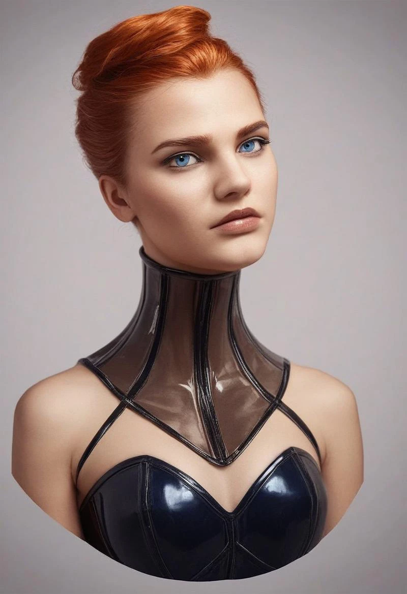 score_9, score_8_up, score_7_up, rating_safe, 
concept art, realistic, dark theme, low light, 1girl, solo.
Ginger hair, Blue eyes.
Neckcorset. latex neck corset. transparent neck corset.