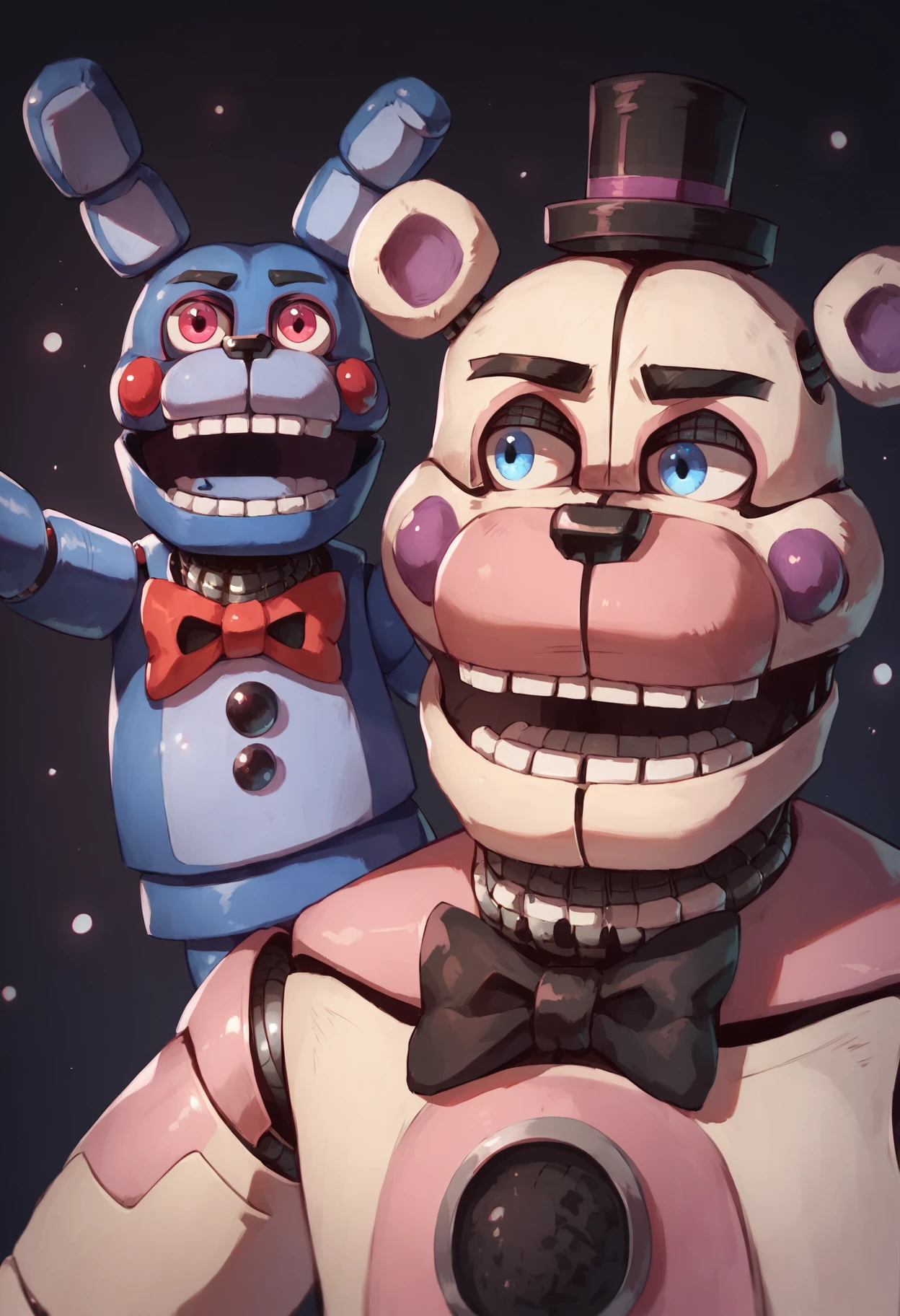 score_9, score_8_up, score_7_up, (funtimefreddy), fnaf, animatronic, bonbon, 2boys, male, close-up, black bowtie, top hat, portrait, dark background, blue eyes, red eyes, open mouth, detailed eyes, masterpiece, amazing quality, best quality, 8k <lora:FuntimeFreddy-000010:0.92>