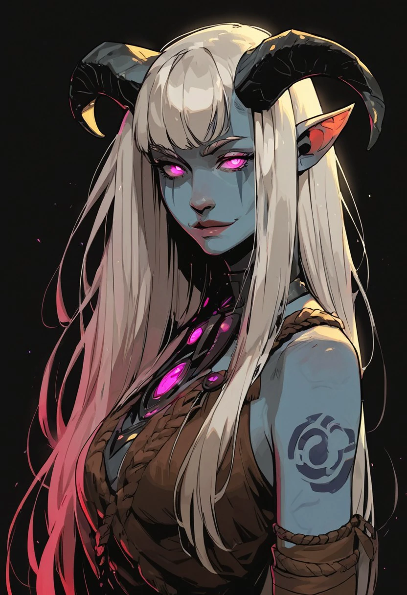 score_9, score_8_up, score_7_up, BREAK, 1girl, portrait, beautiful, tiefling shaman, white hair, (long hair:1.3), side bangs, horns, barbarian, gladiator, war paint, tribal markings, long tail, blue skin, pink eyes, glowing eyes, (smug:0.85), medium breast dramatic lights