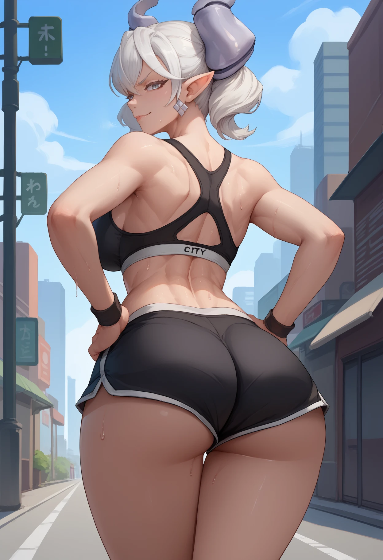 score_9, score_8_up, score_7_up, <break> from behind, solo, 1girl, l0velylabyr1nth, sweat, smirk, looking back, hands on own hips, white hair, twintails, pointy ears, white horns, demon horns, grey eyes, black sports bra, black shorts, micro shorts, large breasts, ass, outdoors, city street
<segment:yolo-face_yolov8m.pt,0.4,0.5//cid=1>