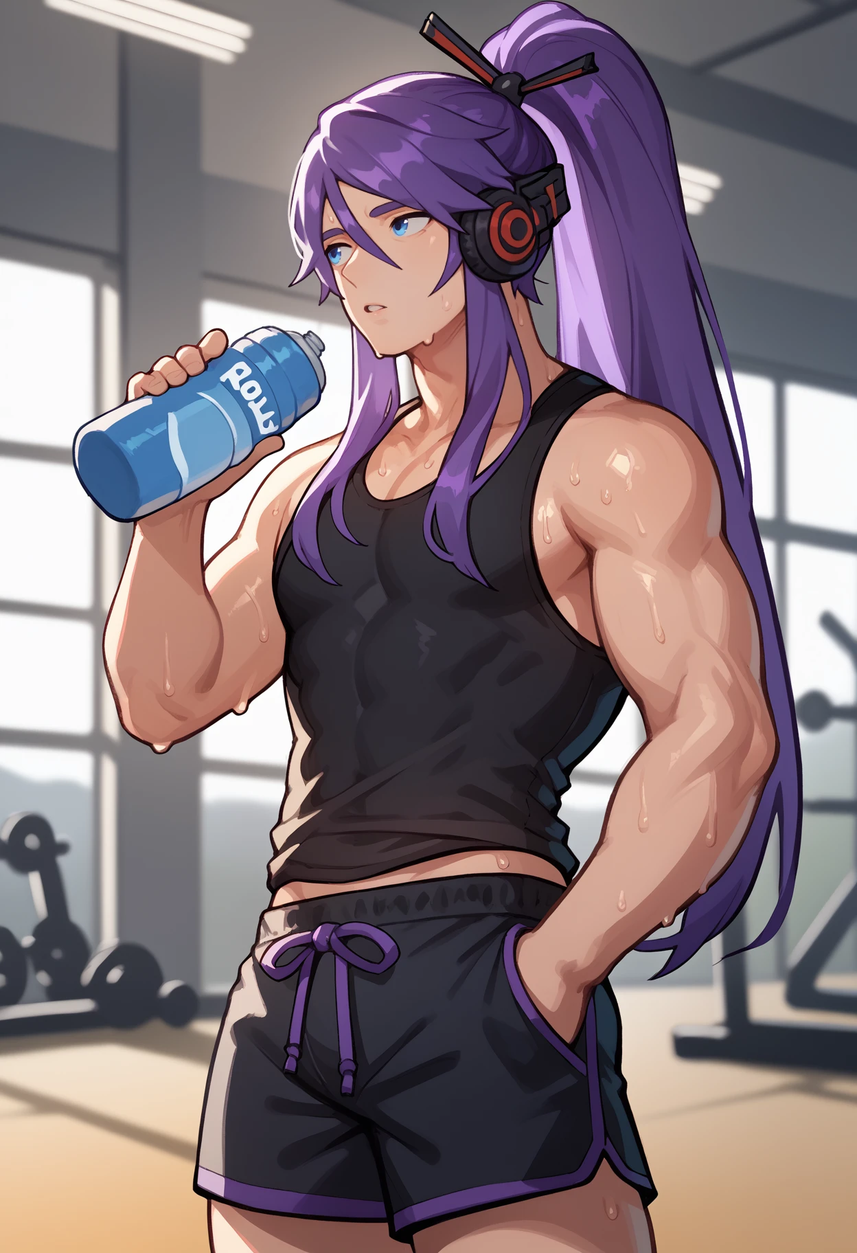 score_9, score_8_up, score_7_up, <break> solo, male focus, 1boy, cmgkpo, sweat, parted lips, looking away, standing, holding water bottle, long hair, purple hair, ponytail, headphones, blue eyes, black tank top, black shorts, indoors, gym
<segment:yolo-face_yolov8m.pt,0.4,0.5//cid=1>