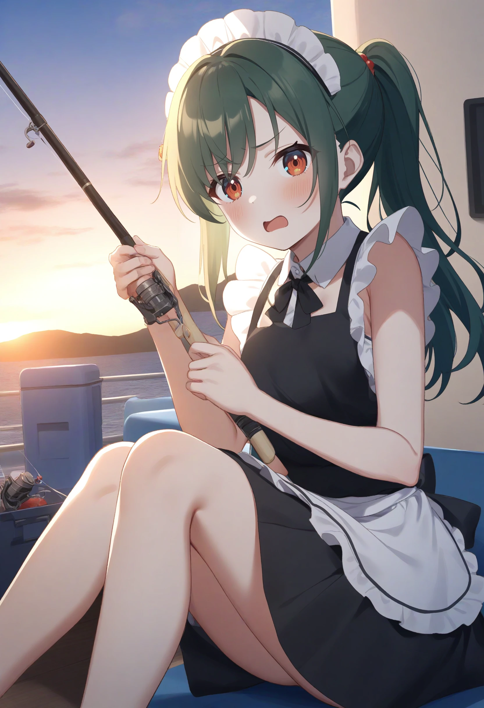 1girl,sincos, ningen mame, toosaka asagi,solo,medium breasts,20yo,maid,maid headdress,
fishing, fishing rod, sky, sitting, day, outdoors, holding fishing rod, cooler, ocean, fishing line,<lora:fishing_XL_v1:0.8>
ceiling, full body, looking at viewer, green hair, orange eyes,disappointed,  open mouth, ponytail hair,,
best quality, very aesthetic, absurdres