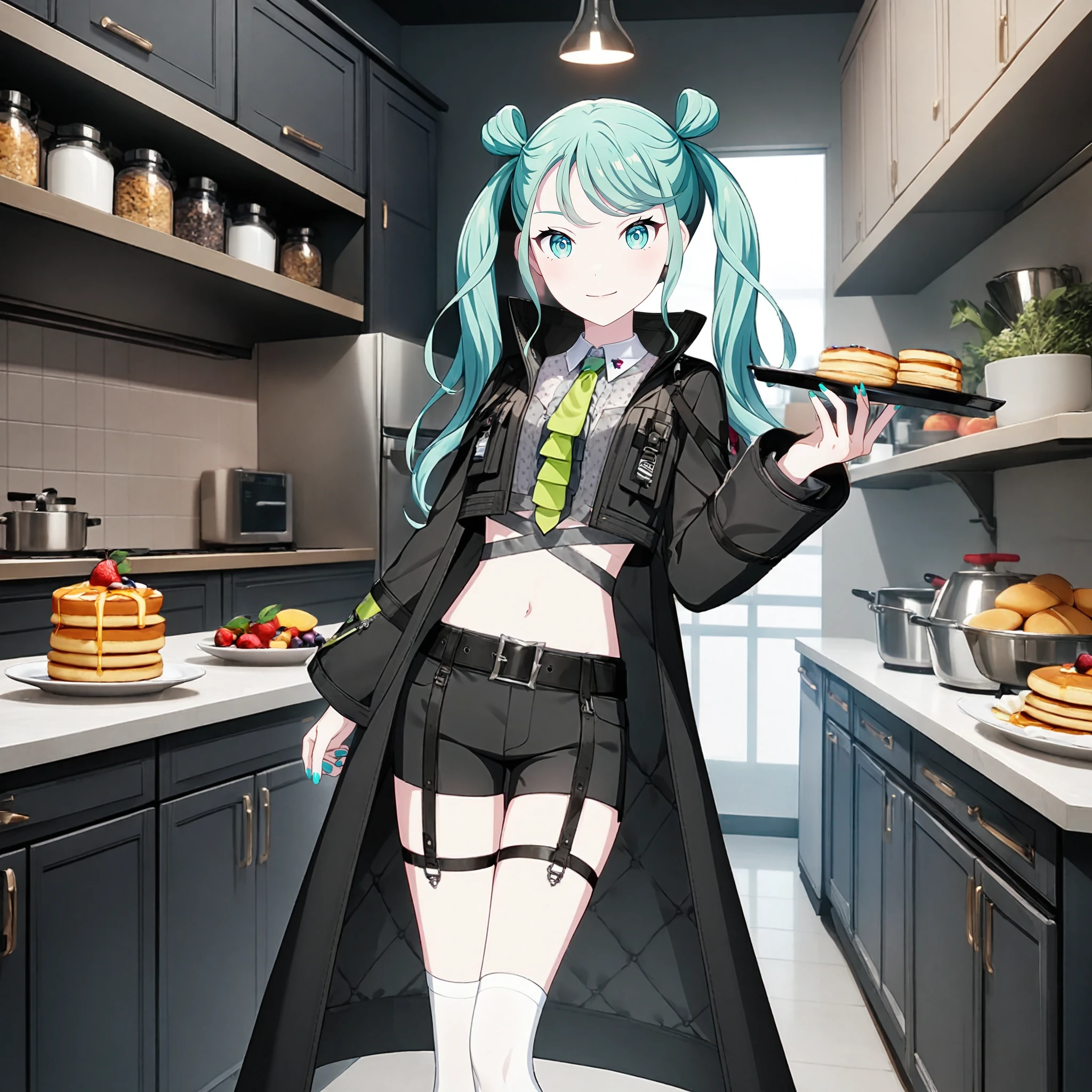 1girl, vivid bad squad miku, project sekai, masterpiece, very aesthetic, absurdres, official art,
brandnew vbsmiku, solo, aqua very long hair, twintails, hair bun, aqua eyes, nail polish, aqua nail,
(looking at viewer:1.4), evil smile, holding tray with pancake and fruits, 
navel, black shorts, black coat, coat, necktie, aqua nails, midriff, black belt, long sleeves, nail polish, short shorts, shirt, green necktie, crop top, thigh strap, open coat, grey shirt, open clothes, collared shirt, white outline, black jacket, 
indoors, kitchen, burner, pantry, lot of foods in shelves, 
 <lora:sdxl-vs-BNvbsMiku05:0.9:lbw=0,0,0.2,0.2,0,0.4,0.4,0,0.8,0.8,0,0,0,0.8,0.8,0.6,0.8,0.0,0.0,0.0,0,0,0,0,0,0>