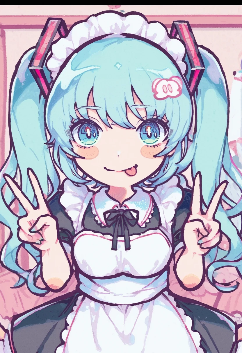 (watercolor:1.4), score_9, score_8_up, score_7_up, pink theme, 1girl, solo, smile, closed mouth, tongue out, double v, hair ornament, maid, hatsune miku, cyan hair, indoors <lora:kiato xl 012:1>