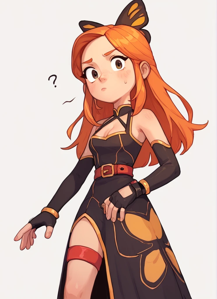 score_9, score_8_up, score_7_up,   1  girl  , bpiper  , orange hair, long hair,  butterfly hair ornament, cleavage , black sleeveless dress,long dress,  pelvic curtain, red thigh strap,  belt ,  black elbow gloves, fingerless gloves  <lora:bpiper-000004:1> <lora:PossumMachine:1>posmach  , confused, ??? ,looking at viewer, simple background,