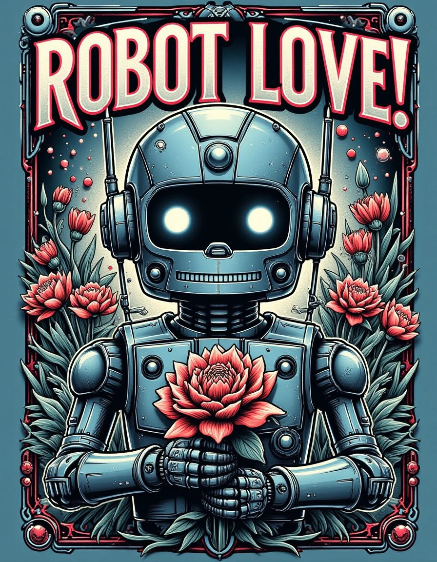 m3t4ll0g0 Text : "Robot Love!" .  A robot with blinking lights and antennae offers a flower
 <lora:metal-logo:1.0>