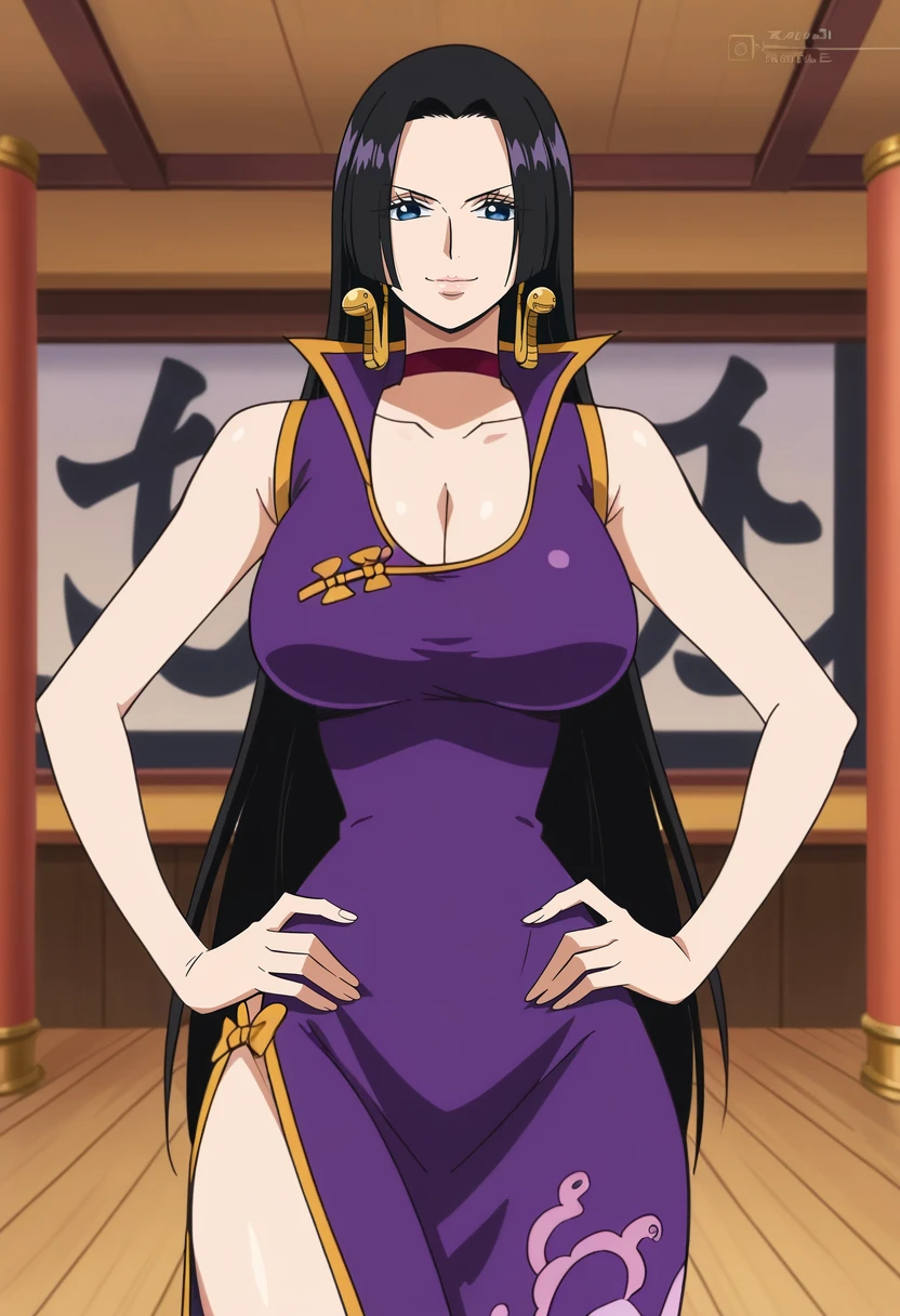 score_9, score_8_up, source_anime, best quality, clear face, Boa Hancock, black hair, blue eyes, long hair, forehead, large breasts, standing, looking at viewer, china dress, purple clothes, indoor, from front, smile, anime screencap