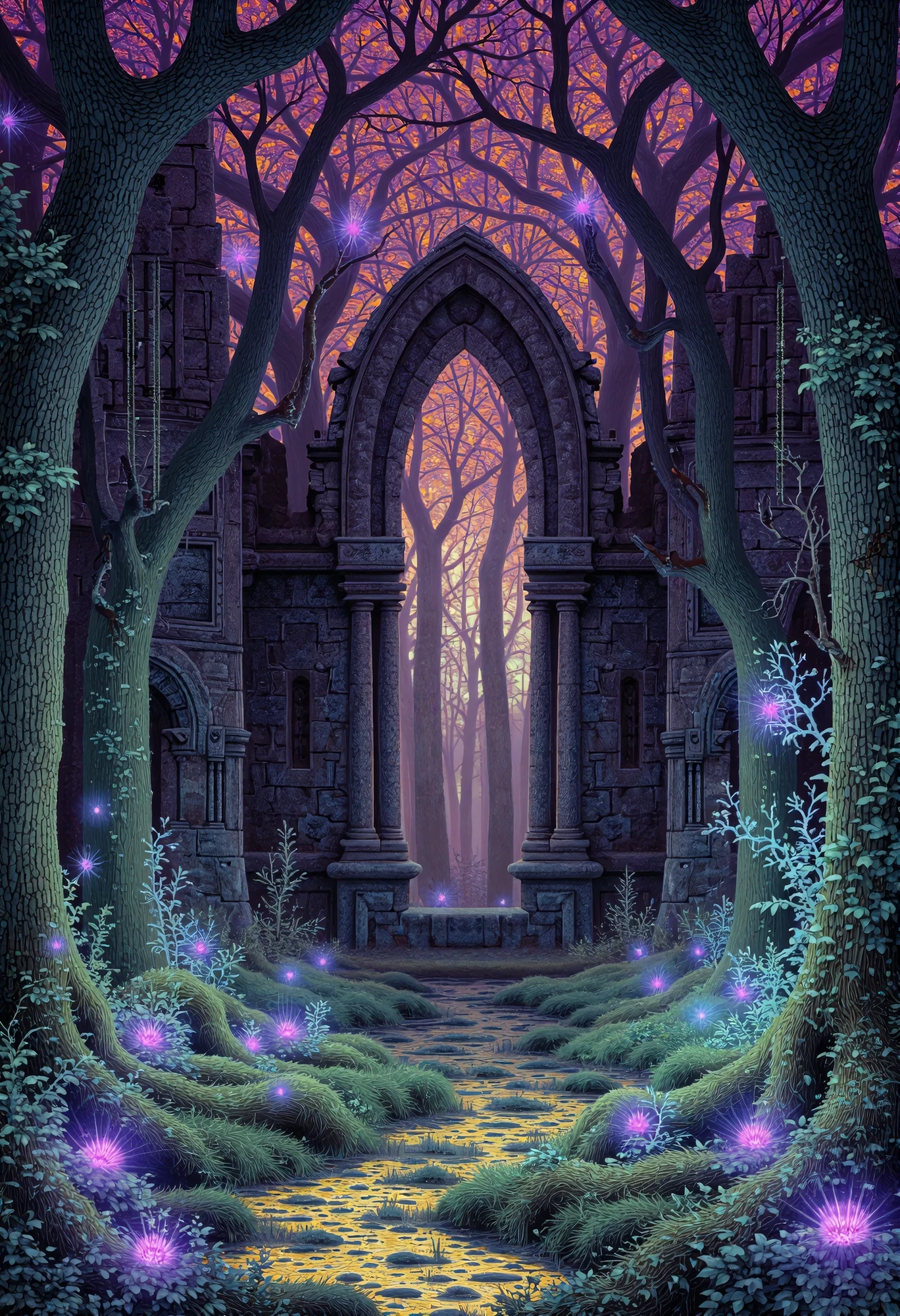 enchanted forest, abstract elements, geometric patterns, towering trees, bioluminescent plants, mystical atmosphere, ancient ruins, intricate carvings, reclaimed by nature, natural beauty, abstract artistry, wonder, enchantment, soft colorful light 