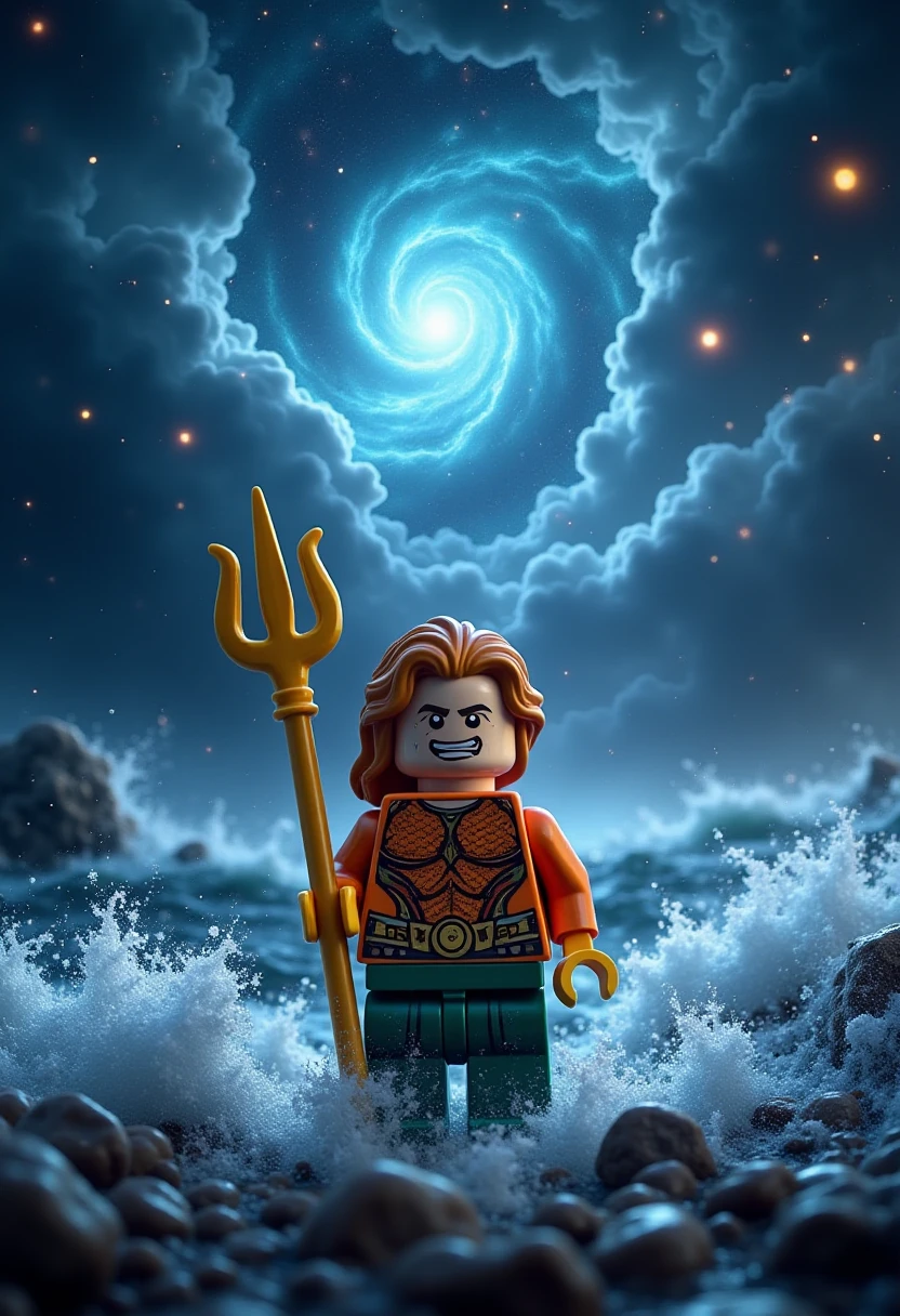 a LEGO Aquaman figure standing on the deck of a ship in the middle of a turbulent sea. The ocean is roaring with massive waves crashing against the ship, while a fierce storm rages overhead with dark clouds and lightning. In the background, the sky opens up to reveal a stunning galaxy with swirling stars, distant planets, and nebulae shining through the storm clouds. Aquaman, in his classic orange and green outfit, grips his trident, ready for action amidst the powerful storm and cosmic backdrop. The scene is both dramatic and otherworldly . gl3go1xy <lora:FLUX_GL3GO1XY_LoRA:1>