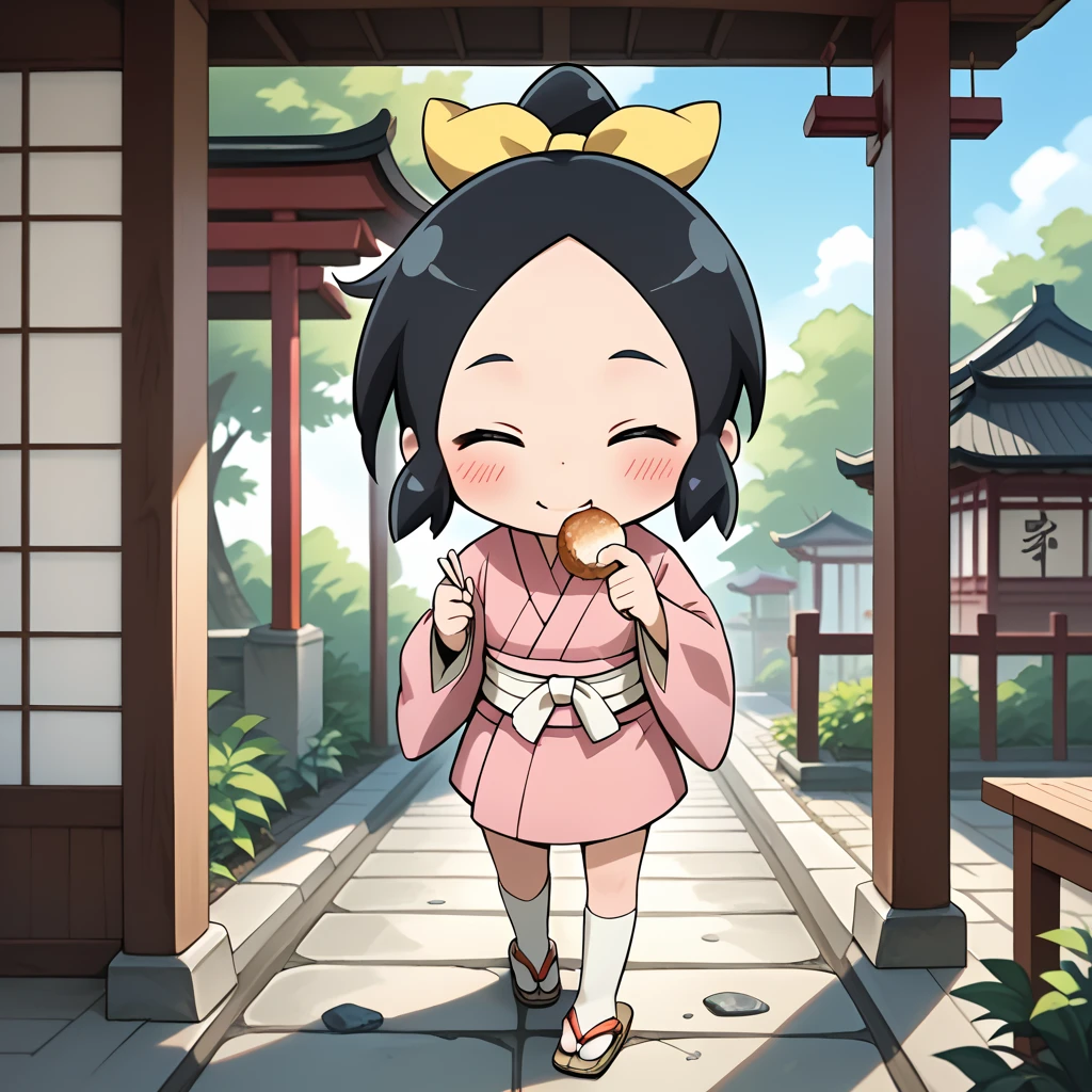 score_9, score_8_up, score_7_up, 1girl, solo, uncensored, shinobichidori, 1girl, solo, smile, eating, crumbs, onigiri, closed eyes, closed mouth, chewing, seiza,   chibi, black hair, yellow ribbon, ponytail, pink kimono, white socks, white obi, sandals, outdoors, east asian architecture, building, japanese garden, porch <lora:ShinobiChidoriXL_v1.0:1>