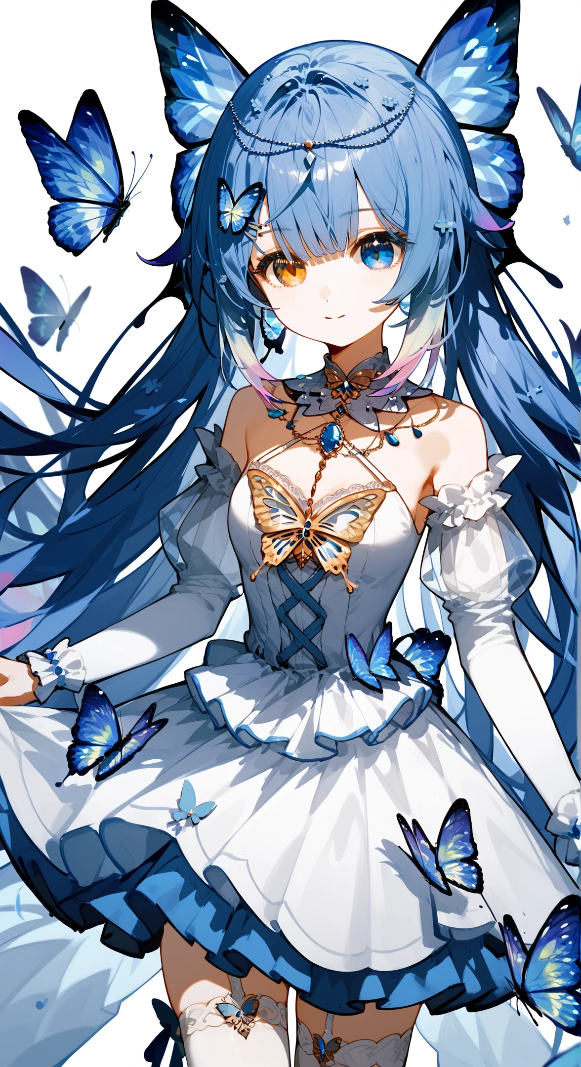 score_9, score_8_up, score_7_up, 
<lora:ameki_pony:0.9>, 1girl, ameki_pony, heterochromia, dress, butterfly hair ornament, blue hair, long hair, hair ornament, thighhighs, jewelry, detached sleeves