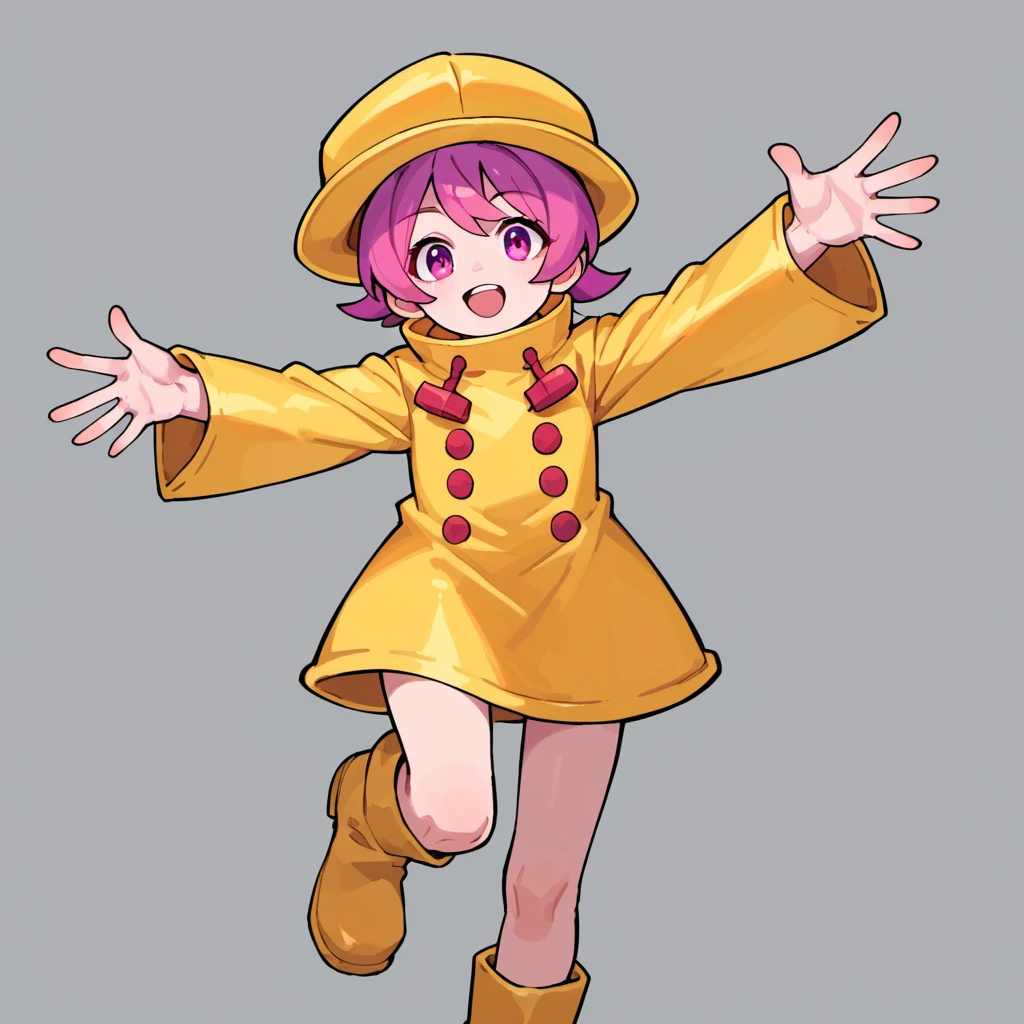 score_9, score_8_up, score_7_up,source_anime, skg_umbrella, 1girl, solo, looking at viewer, smile, short hair, open mouth, simple background, long sleeves, hat, purple eyes, pink hair, purple hair, :d, boots, pink eyes, grey background, outstretched arms, yellow headwear, raincoat, yellow coat, yellow raincoat