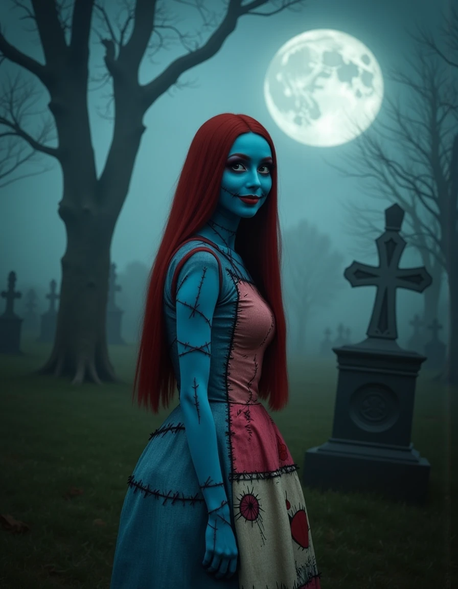 <lora:Sally_Flux-000001:1>  beautiful detailed photograph, sally, blue skin, big  gentle eyes, smiling, stitched together body. red hair,  wearing a dress  that's stitched together from multiple diffrent dresses, walking ain a graveyard, a giant full moon in the night sky, mist and fog, eerie atmosphere