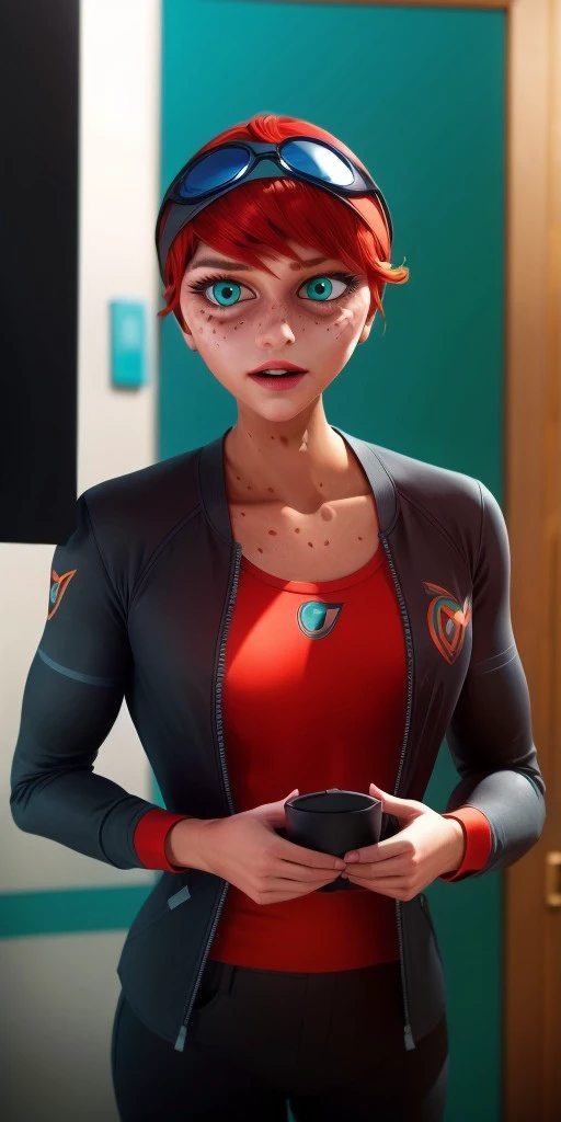 Hyperrealistic, photorealistic, super detailed, (long-sleeved blazer), trousers, expressive brilliant turquoise eyes, short red hair, body like in real life, several freckles on face, large pores, peach skin, slender, beautiful arms, very little very flat breasts, unreal engine, octane render, droped shadow, bokeh, cinematic lighting, <lora:add_detail:0.5>, <lora:Volumetric_lighting:0.6>, Ondine, <lora:4507115e-c874-4ac1-a882-1dcdf4e235ab:0.7>