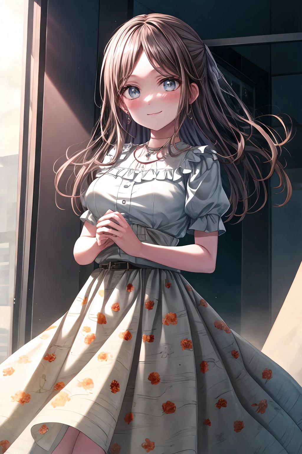 (masterpiece), best quality, expressive eyes, perfect face, looking at viewer, blush, smile, skirt,  shirt, jewelry, closed mouth, white shirt, short sleeves, puffy sleeves, belt, necklace, puffy short sleeves, parted bangs, floral print, white skirt, own hands together,  long skirt, soyo_n, , <lora:c607a014-f8da-4dd1-ae23-2c677db610bc:0.7>, <lora:more_details:0.7>