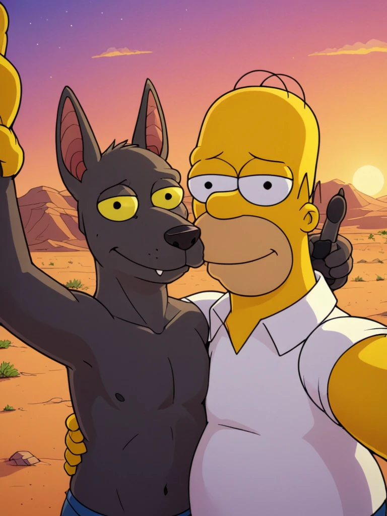 cel shading, homer simpson, (anubus:1.1), jackal, (duo:1.1), side hug, selfie shot, smile, desert