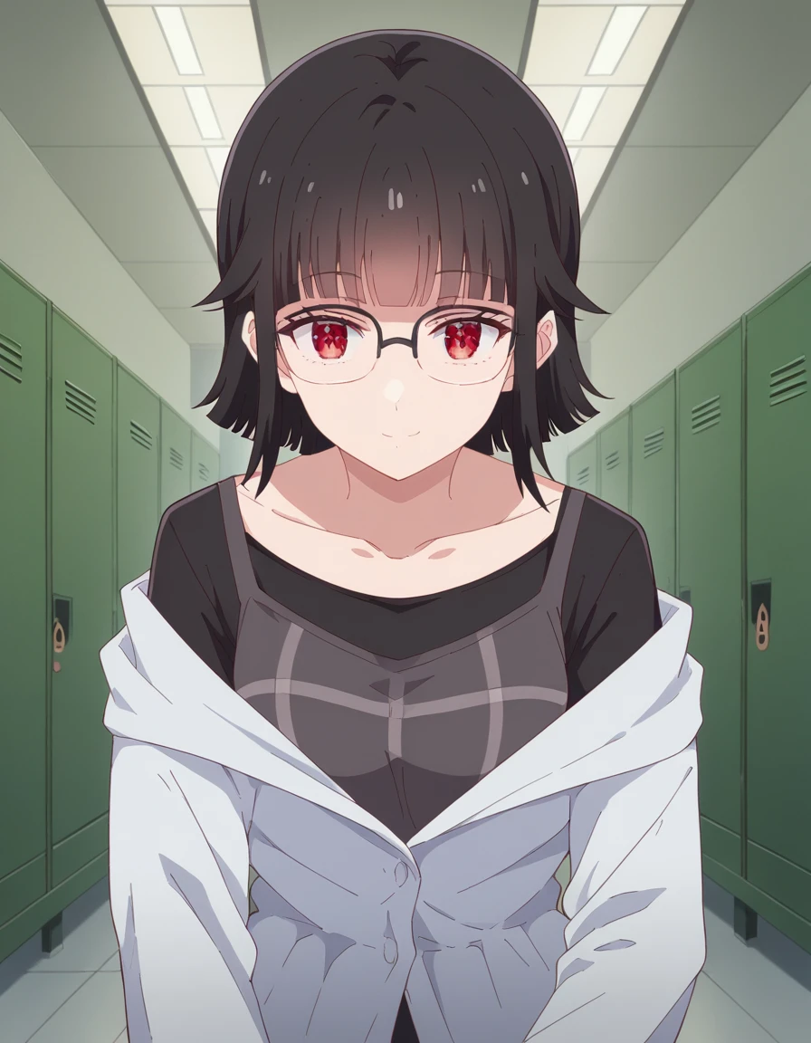 score_9, score_8_up, score_7_up, source_anime, <lora:kaho-fujinami-s1-ponyxl-lora-nochekaiser:1>, kaho fujinami, short hair, bangs, black hair, red eyes, glasses, blunt bangs, medium breasts,, shirt, long sleeves, collarbone, black shirt, camisole,, school hallway, lockers, between classes, everyday life, smile, looking at viewer, sitting, elbow rest, table,, solo,, cowboy shot, dutch angle