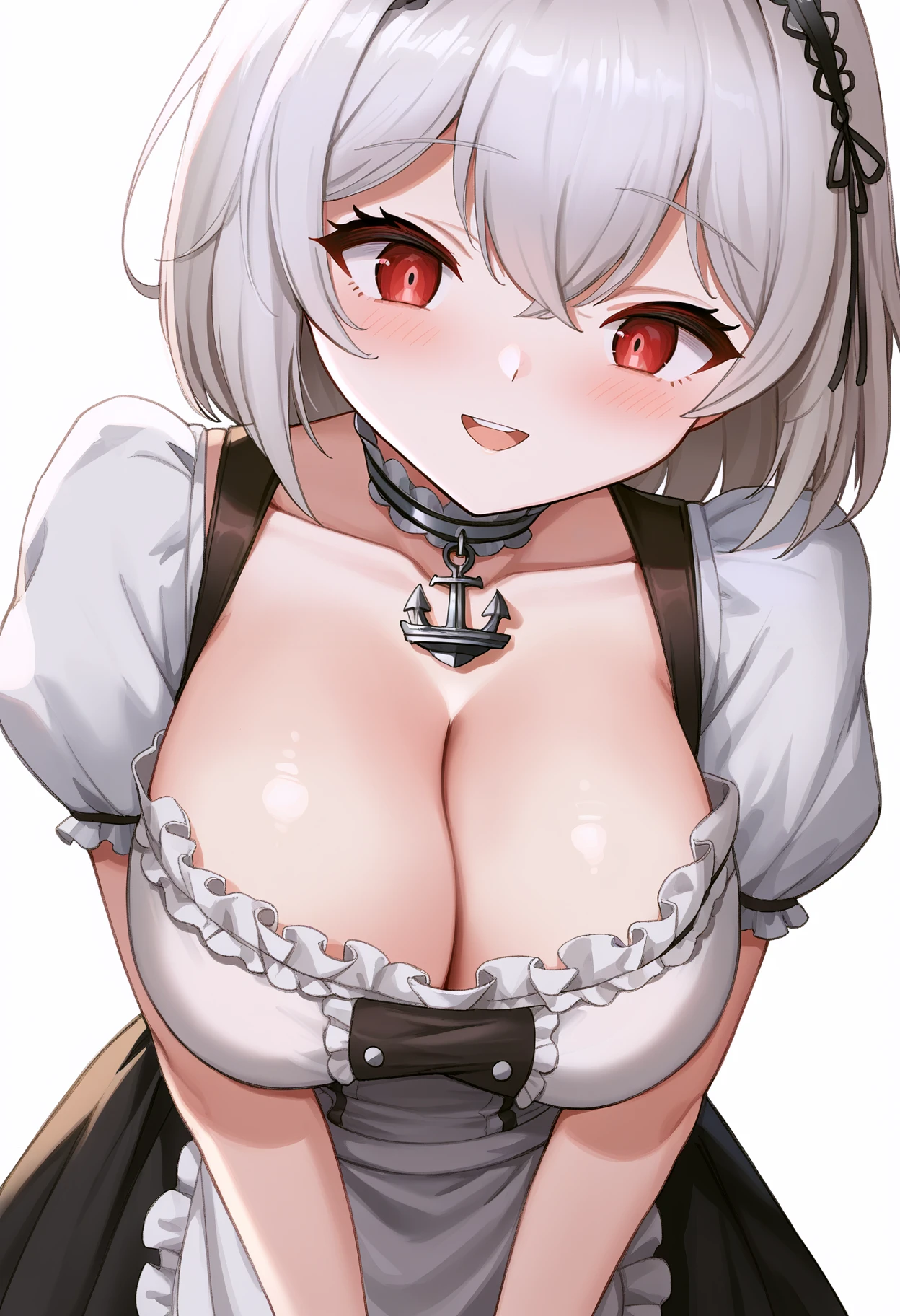 [score_9, score_8_up, score_7_up, score_6_up, score_5_up, score_4_up::0.2], 
BREAK
white background, close-up, portrait, upper body, face focus, 
BREAK
sirius \(azur lane\), 1girl, solo, parted lips, red eyes, 
white hair, medium hair, bob cut, hair between eyes, 
smile, happy, blush, parted lips, upper teeth only, 
collarbone, (cleavage:0.5), large breasts, (plump:0.75), 
lace-trimmed hairband, anchor choker, 
frilled dress, wrist cuffs, short sleeves, two-tone dress, puffy sleeves, 
white apron, frilled apron, 
looking at viewer, v arms, looking down, 
<lora:BlueBorscht-P4v1-PDXL:1>