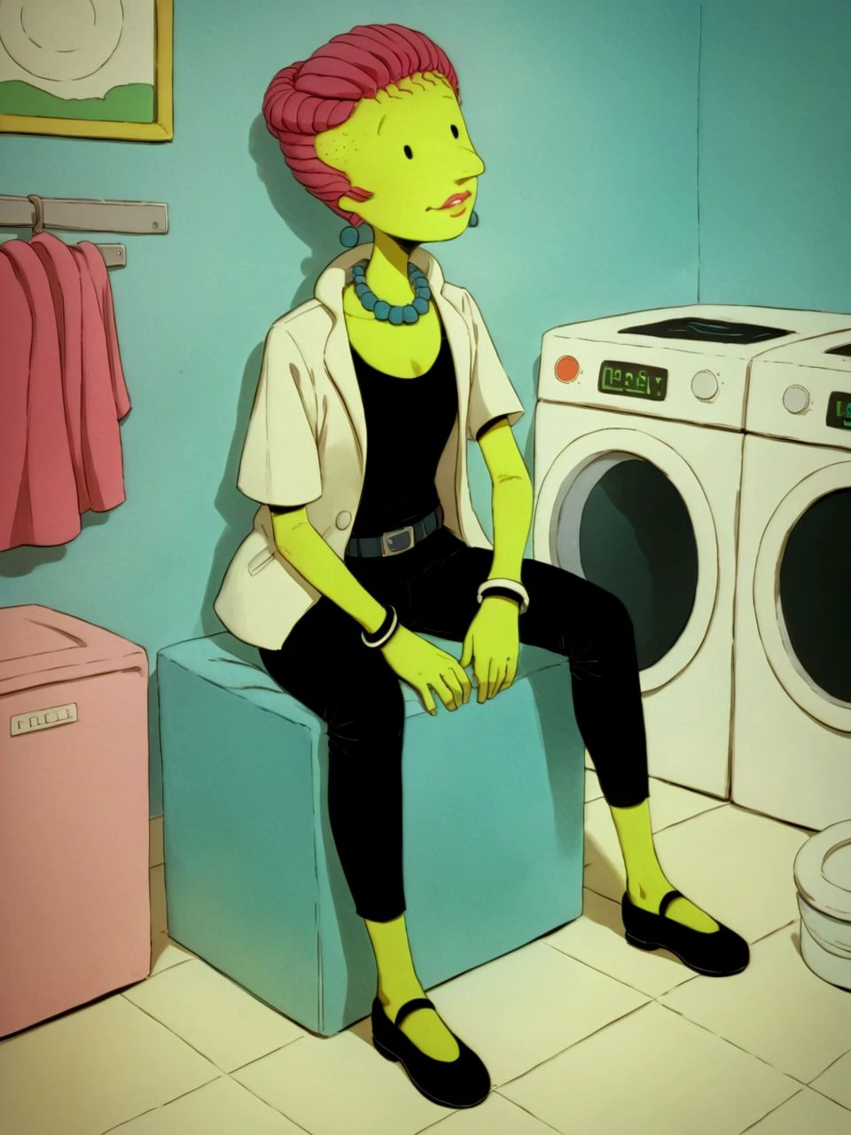 zPDXL3, laundromat, indoors, city,
1girl, solo, sitting on washing machine, looking at viewer, <lora:msKlotzTV_PDXL:0.8> msklotztv, dot eyes, green skin, pink hair, pink lips, jacket, short sleeves, black camisole, bracelet, necklace, earrings, belt, capri pants, black footwear,