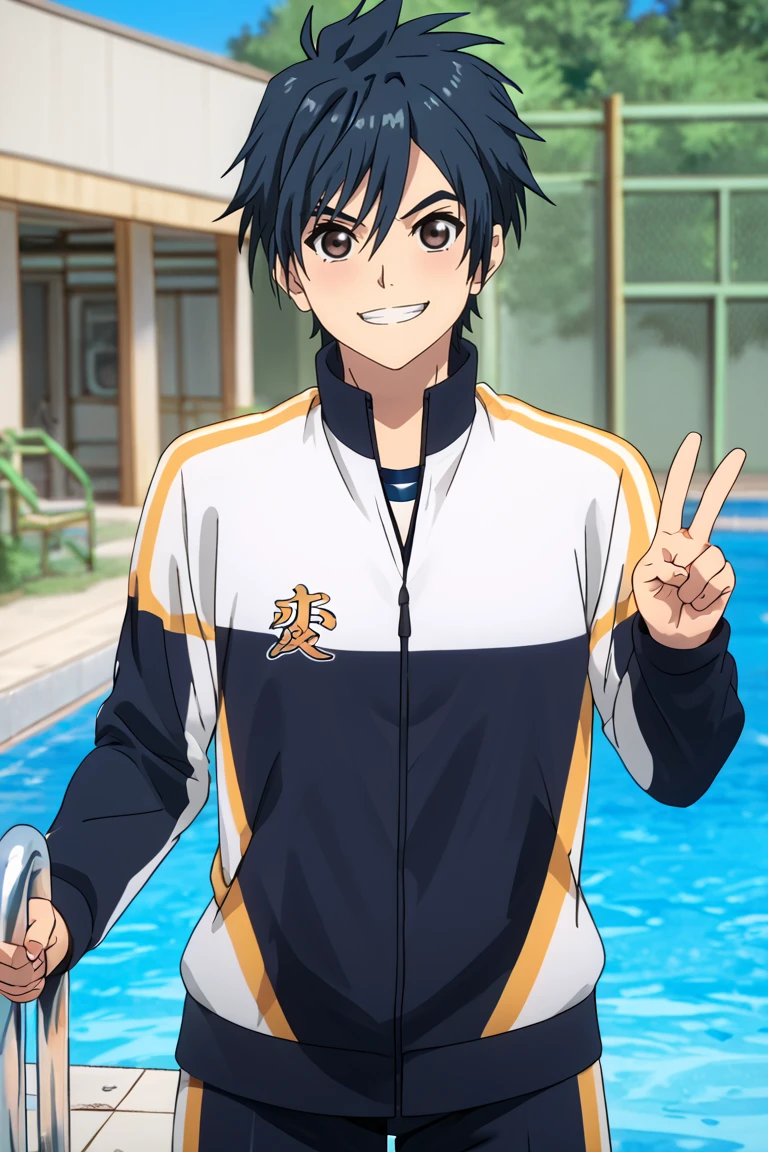 zPDXL2,<lora:re_main-000007>,rating_safe,foreshortening,cowboy shot,1boy,club track jacket,male focus,looking at viewer,smile,pool BREAK minato kiyomizu,:d,v,