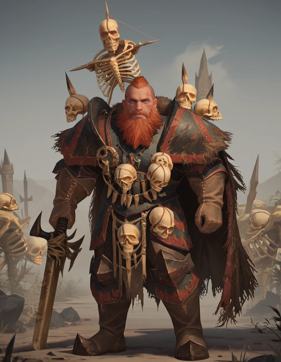 score_9, score_8_up, score_7_up,
Wulfrik, beard, scar, male focus, armor, full body,
looking at viewer, solo, skulls, skeleton,
<lora:Wulfrik:0.8>