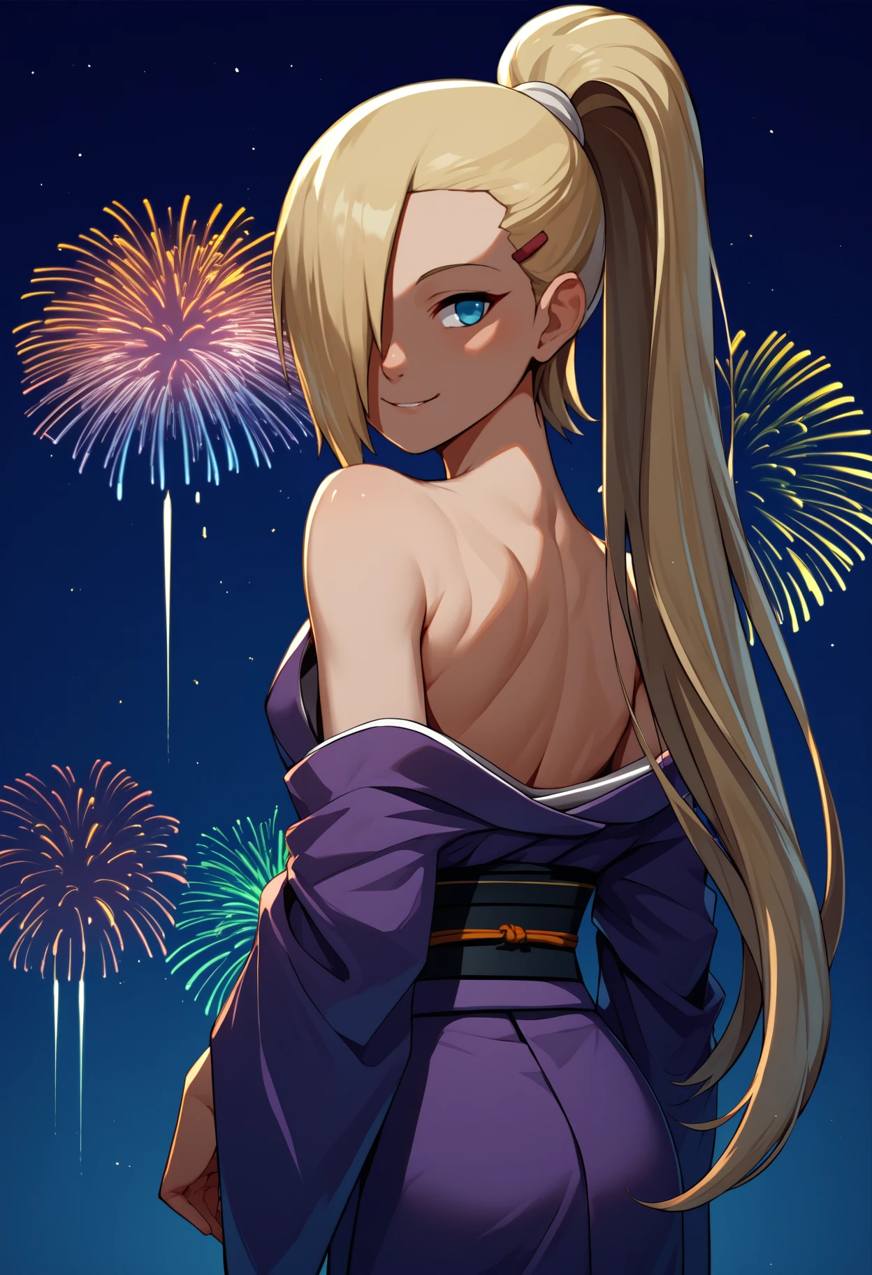 score_9, score_8_up, score_7_up, source_anime, <break> from behind, solo, 1girl, in0ymnka, smile, looking back, long hair, blonde hair, hair over one eye, high ponytail, hairclip, blue eyes, japanese clothes, purple kimono, off shoulder, bare shoulders, fireworks
<segment:yolo-face_yolov8m.pt,0.4,0.5//cid=1>