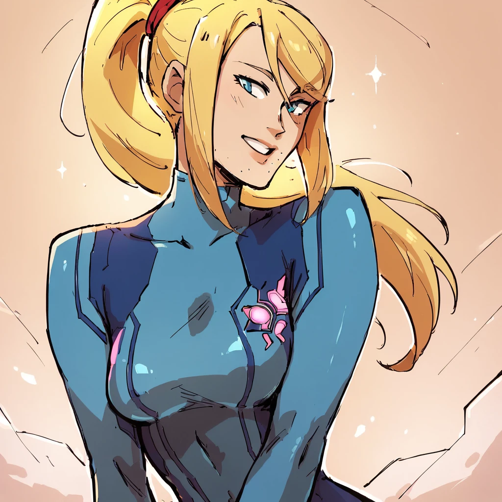 score_9, score_8_up, score_7_up, score_6_up 1girl, (framed) solo,  samus, blonde hair, blue eyes, zero suit, smile