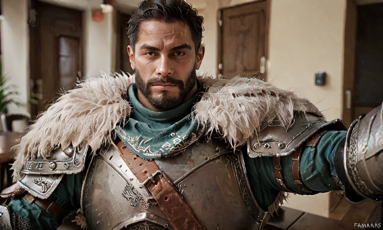 score_9, score_8_up, score_7_up, BREAK, 1boy, solo, male focus, beard, black hair, chad, male focus, knight, armor, fur cape, faraamset,  medium shot, selfie, restaurant, 