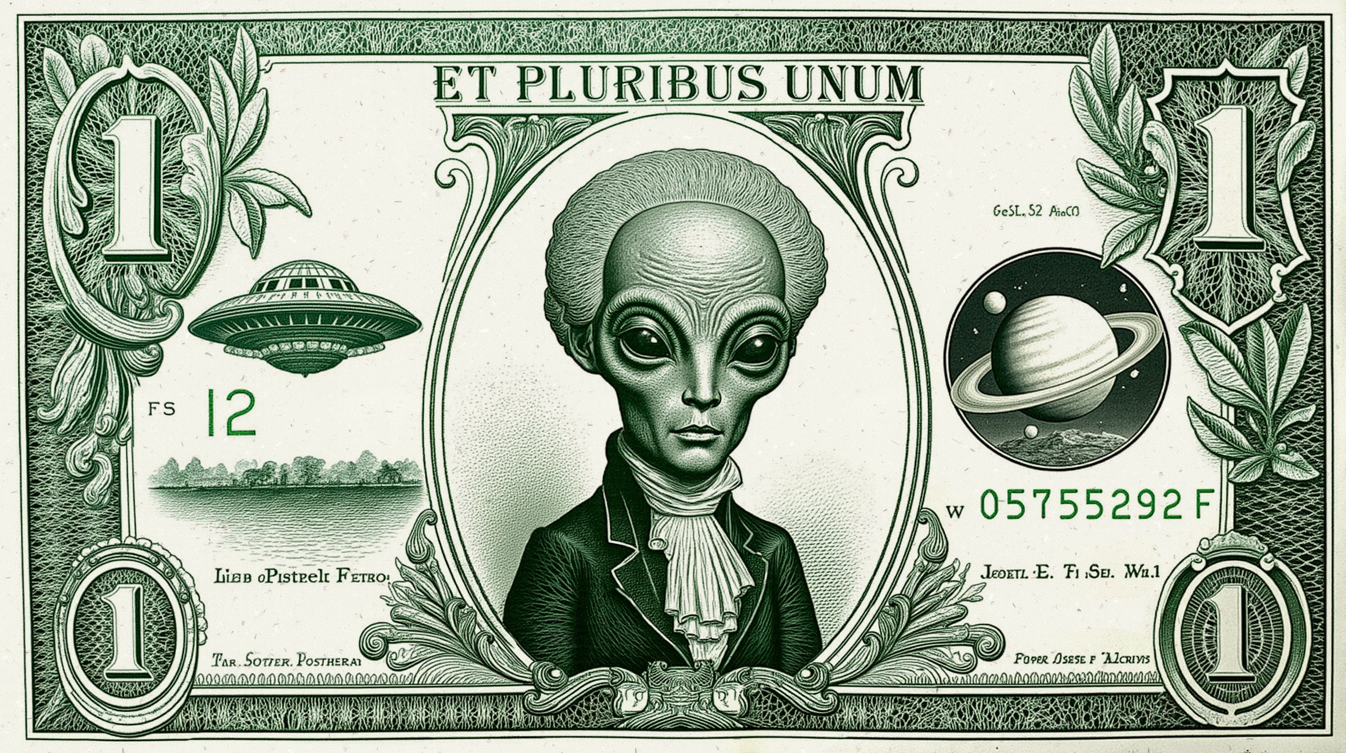 On an alien One Dollar Bill, with the words "ET PLURIBUS UNUM" printed at the top, and the number "1" in each corner, an etched picture of a space alien, cute and monstrous, an older alien male, with an elongated head and nonhuman features, with big, bright eyes, sitting for a formal portrait, wearing a wig. Multiple images in etching, with a picture of the planet Saturn with its rings to the right, and a UFO flying saucer in a scene reminiscent of a Hollywood movie drawn to the left, all surrounded by decorative borders and drawn in an etching style. DollarStyle.