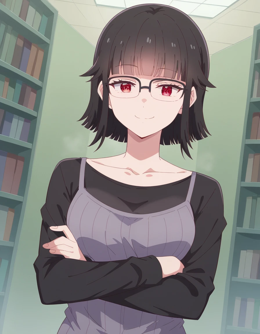 score_9, score_8_up, score_7_up, source_anime, <lora:kaho-fujinami-s1-ponyxl-lora-nochekaiser:1>, kaho fujinami, short hair, bangs, black hair, red eyes, glasses, blunt bangs, medium breasts,, shirt, long sleeves, collarbone, black shirt, camisole,, bookstore, browsing shelves, new book smell, finding a favorite, quiet atmosphere, , , crossed arms, smile, smug, solo,, cowboy shot, dutch angle