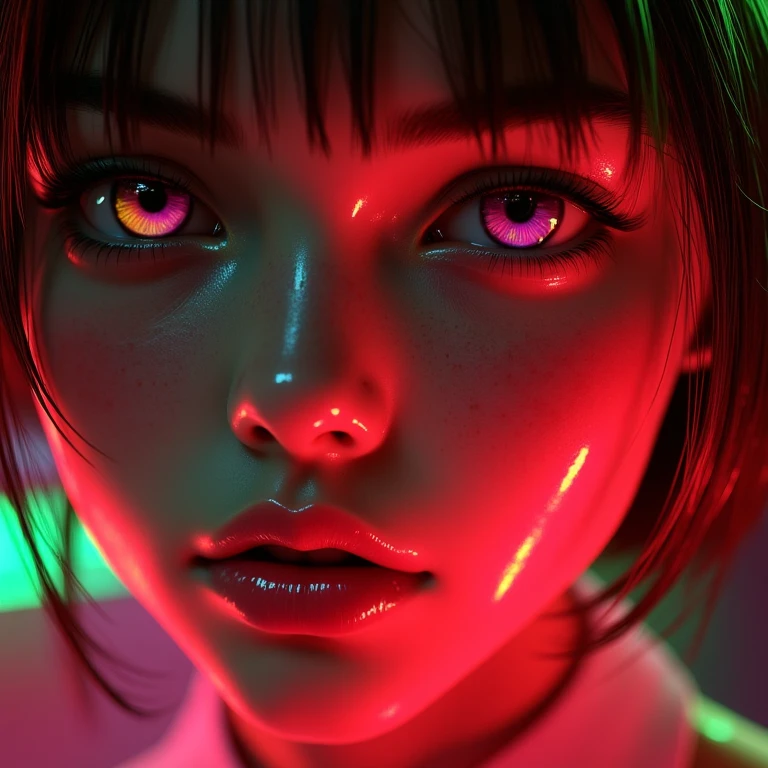 The image is a hyper-realistic digital artwork in a surreal, neon-lit style. It depicts a close-up of a young woman's face, rendered in a highly detailed, photorealistic manner with a strong emphasis on lighting and color. Her skin has a smooth, slightly glossy texture, reflecting the vibrant red and green lighting that bathes her face, <lora:holographic-flux_fast_1:0.8>