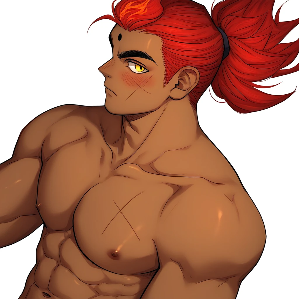 red son, orange highlight, 1boy, male focus, handsome,solo, red hair, topless male, white background, abs, muscular, simple background, scar on face, high ponytail, fiery hair, pince-nez, dark skin, semi-realistic, tonned, nipples, pectorals, navel, upper body,thick eyebrows, forehead mark, yellow eyes, blush,looking at viewer