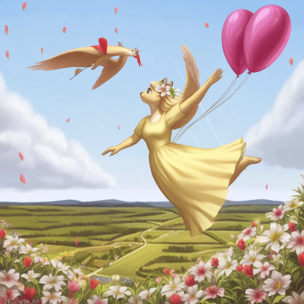 solo, female anthro, full body in view, zoomed out, flying a kite , summer day, hillside, flower petals blowing in the breeze, lower part of a dress flapping in the wind, a balloon floating in the sky