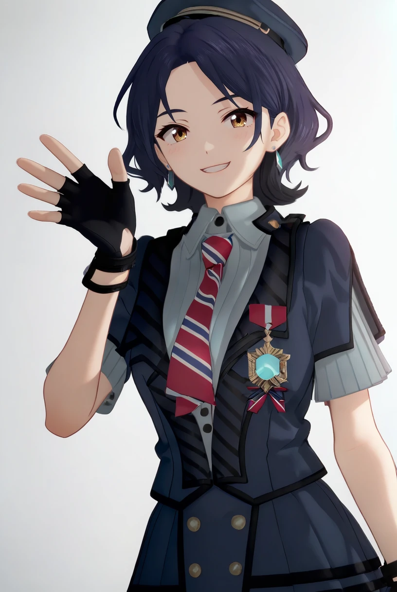 (score_9,score_8_up,score_7_up, ),GBC_NANA,1girl,solo,
parted bangs,brown eyes,blue hair,short hair,
(hat,necktie,jewelry,earrings,blue headwear,fingerless gloves,short sleeves,black gloves,blue skirt,blue shirt,red necktie,pleated skirt),
looking at viewer,smile,white background,<lora:GBC_NANA-pony-000028:1>,portrait,waving,simple_background,white_background,3d