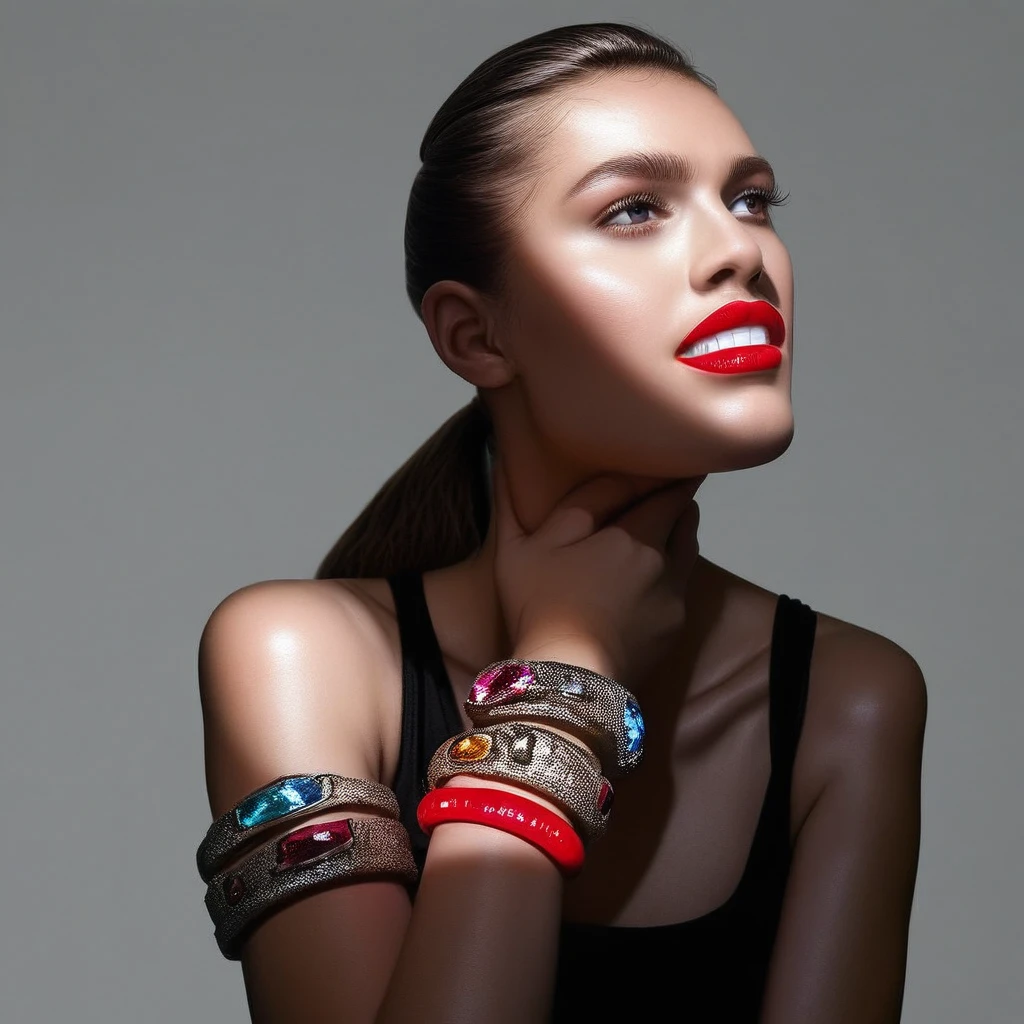 l1ght0nf4c3, lightonface, Light on Face, red lips, grin, covered mouth, straight-on, black background, ponytail, lips, bracelet, realistic, tank top, grey background, crop top, purple eyes, looking to the side, brown eyes, gem