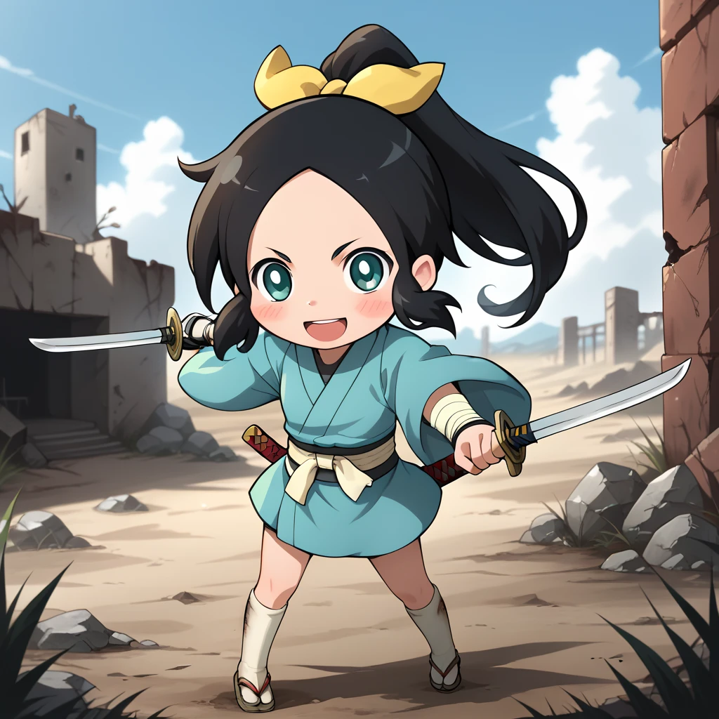 score_9, score_8_up, score_7_up, 1girl, solo, uncensored, shinobichidori, 1girl, solo, smile, looking at viewer, open mouth, holding katana, dual wielding, fighting stance,  chibi, black hair, yellow ribbon, ponytail, teal kimono, white socks, white obi, sandals, outdoors, battlefield, wasteland, ruins, field <lora:ShinobiChidoriTrainingXL_v1.0:1>