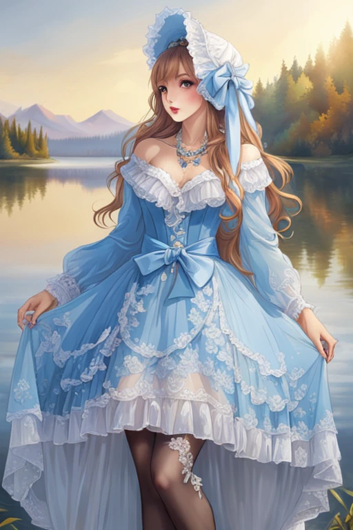 (masterpiece, best quality:1.2),illustration,8k,hd,1 girl,very long hair,solo,(collarbone:1.2),looking at viewer,
whdbd,blue dress,jewelry,necklace,bonnet,long sleeves,bow,lace trim,lace,frills,pantyhose,((cleavage)),big breasts,outdoors,(day, lake:1.5),extremely detailed dress,crystalstexture skin,front view,<lora:whdbd XL:1>,