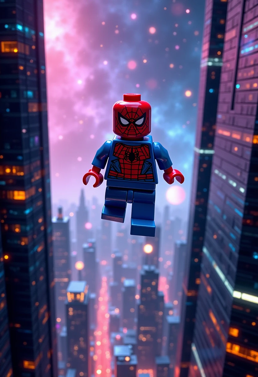 "a LEGO Superman figure Spider-Man, jumps between two towering, sleek skyscrapers in a futuristic city. The skyline is illuminated with vibrant neon lights, and the backdrop is a stunning galaxy filled with colorful nebulas, distant stars, and planets. The superhero is in mid-leap, his body dynamic, with his arm extended as if swinging on an invisible web. The city below is filled with floating cars and advanced technology, all set against the vastness of space, blending a thrilling sense of action and a futuristic sci-fi setting. gl3go1xy <lora:FLUX_GL3GO1XY_LoRA:1>