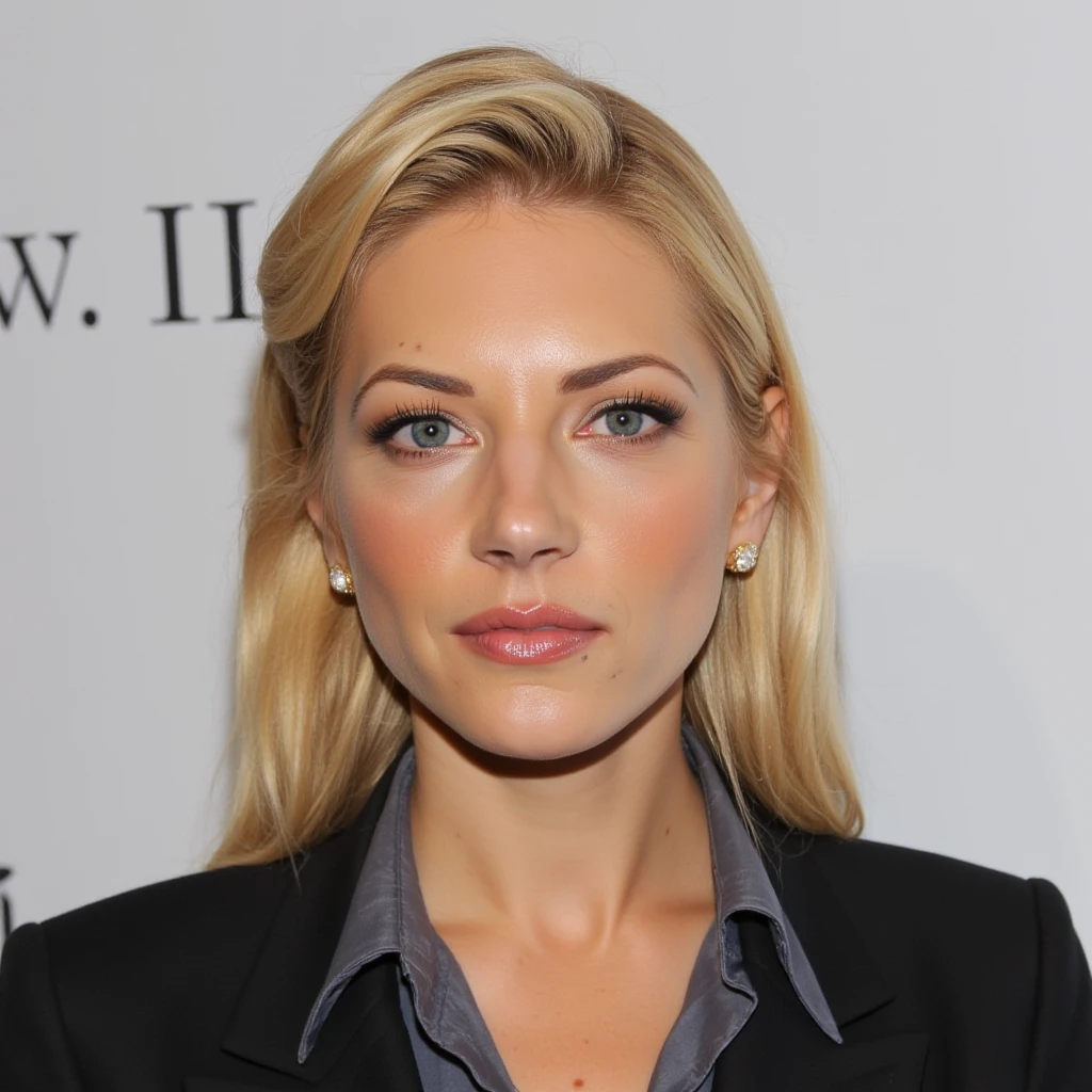 High quality passport photo of a woman with straight middle-parted blonde hair wearing a suit and tie looking directly at the camera with her mouth closed and a neutral expression. She is also wearing a delicate gold chain and some understated diamond earrings. , <lora:Katheryn_Winnick_FLUX_v1-000040:1>