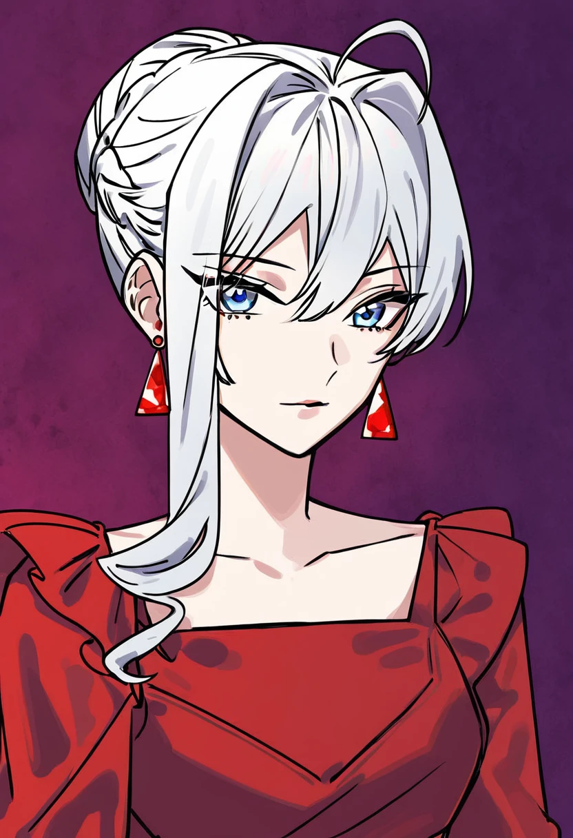 1girl, solo, scarlet el vandimion, blue eyes, white hair, ahoge, single hair bun, red dress, looking at viewer, Melancholic expression, Winery background, medium shot, red earrings, <lora:Character_Scarlet El Vandimion:0.85>