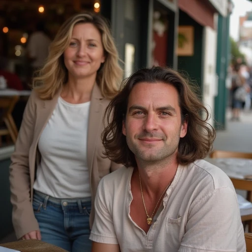 facing the camera with a friendly, The image is a photograph capturing a moment in an outdoor setting, slightly textured fabric, likely in a urban setting. She is of light skin tone, sitting at an outdoor café table. He has a thick, The image is a high-resolution photograph of a woman standing indoors. She has a warm, making him stand out. His skin has a light complexion with a few freckles visible on his cheeks and nose. He has short