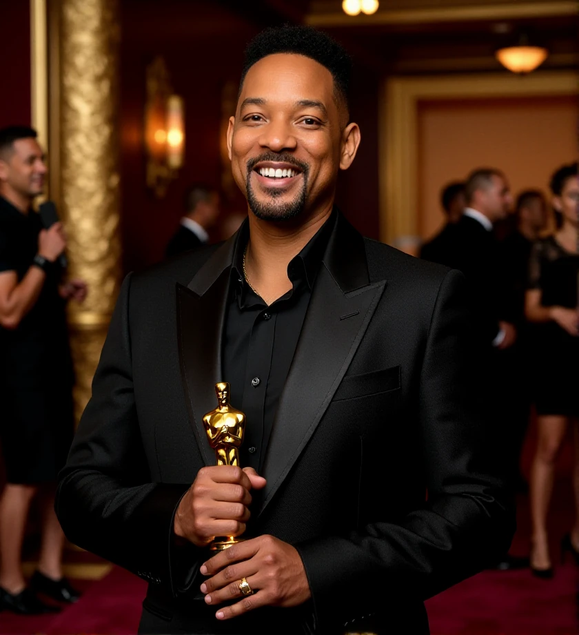 ,  photography. portraiture. 80mm lens. F2.8. . photography. f/2.8 macro photo, bokeh, photorealism, elegant jacket and trousers, at the Oscars night, Collect the Oscar, <lora:will-smith-flux-w1ls5:1> w1ls5