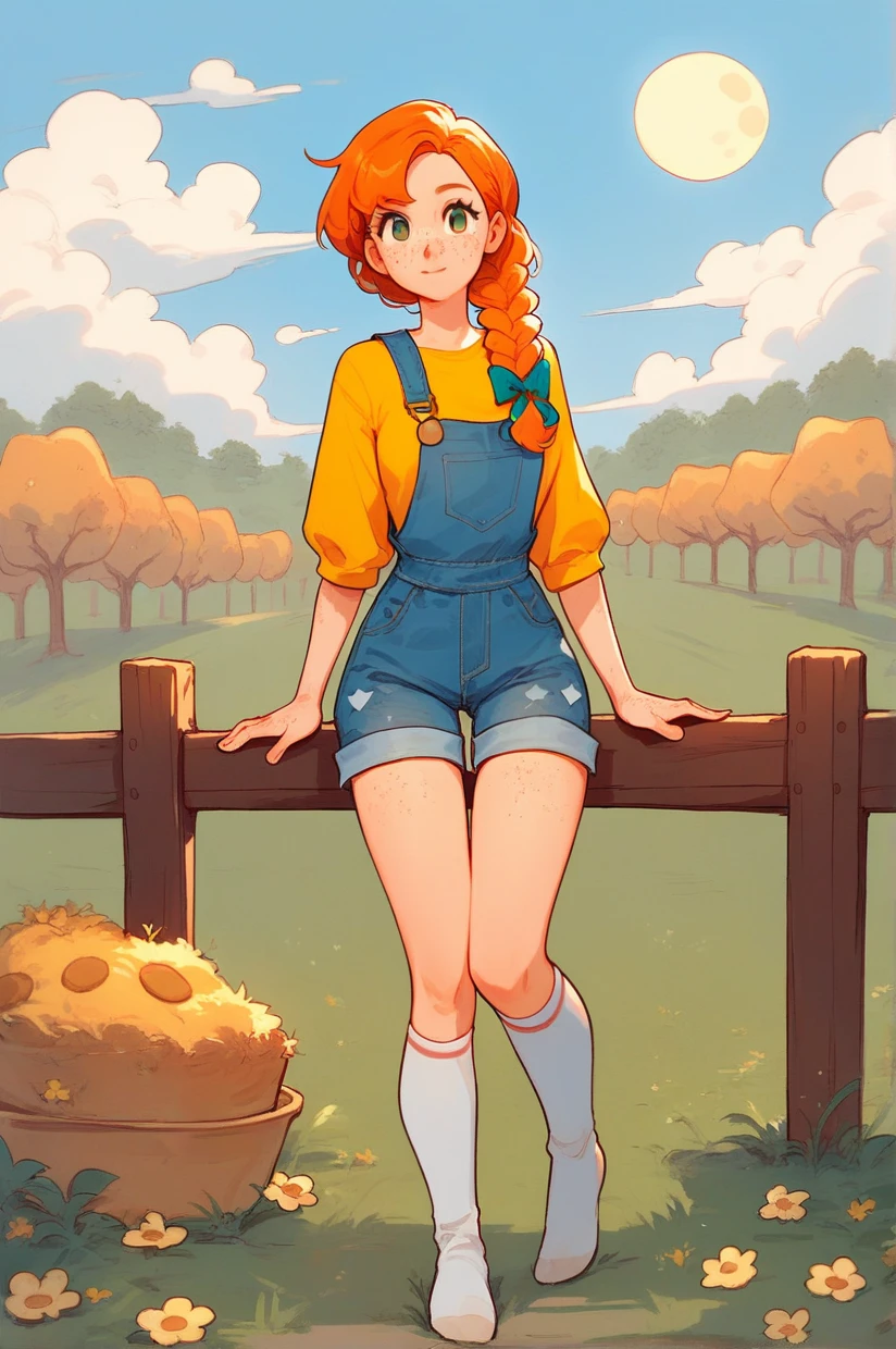 <lora:ann:1.5> Ann, Harvest Moon, fair skin, freckles, orange hair, braid, white hair bow, yellow t shirt, denim overalls,1girl,solo,thigh high socks,<lora:more_details:1>  <lora:Smooth Anime Style LoRA XL:1>, score_9, score_8_up, score_7_up,