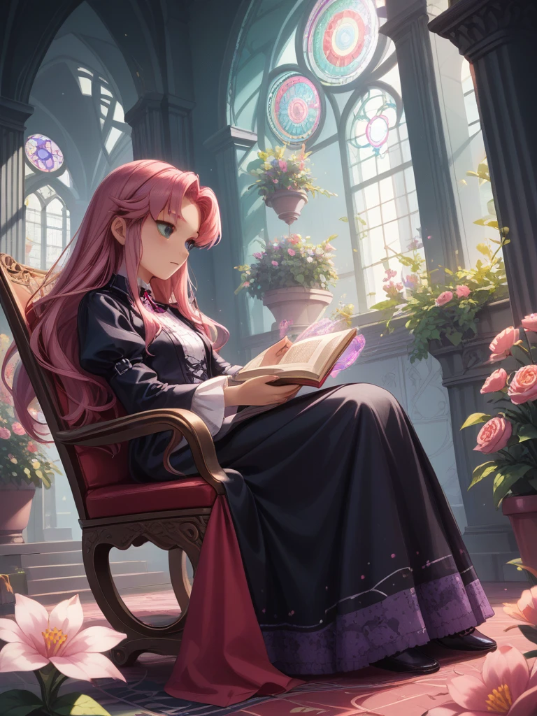 score_9, score_8_up, score_8,
Solo, 2.5d, highly detailed, intricate, beautiful aesthetic, anime artwork,
vibrant, extreme contrast, raytracing, dark colors, edgy, gothic,
magic circle, magic array,
starfire, teantitans, reddish pink hair, long hair, purple long dress with golden details, rocking chair, reading a book, flower garden, falling flowers,
expressive,