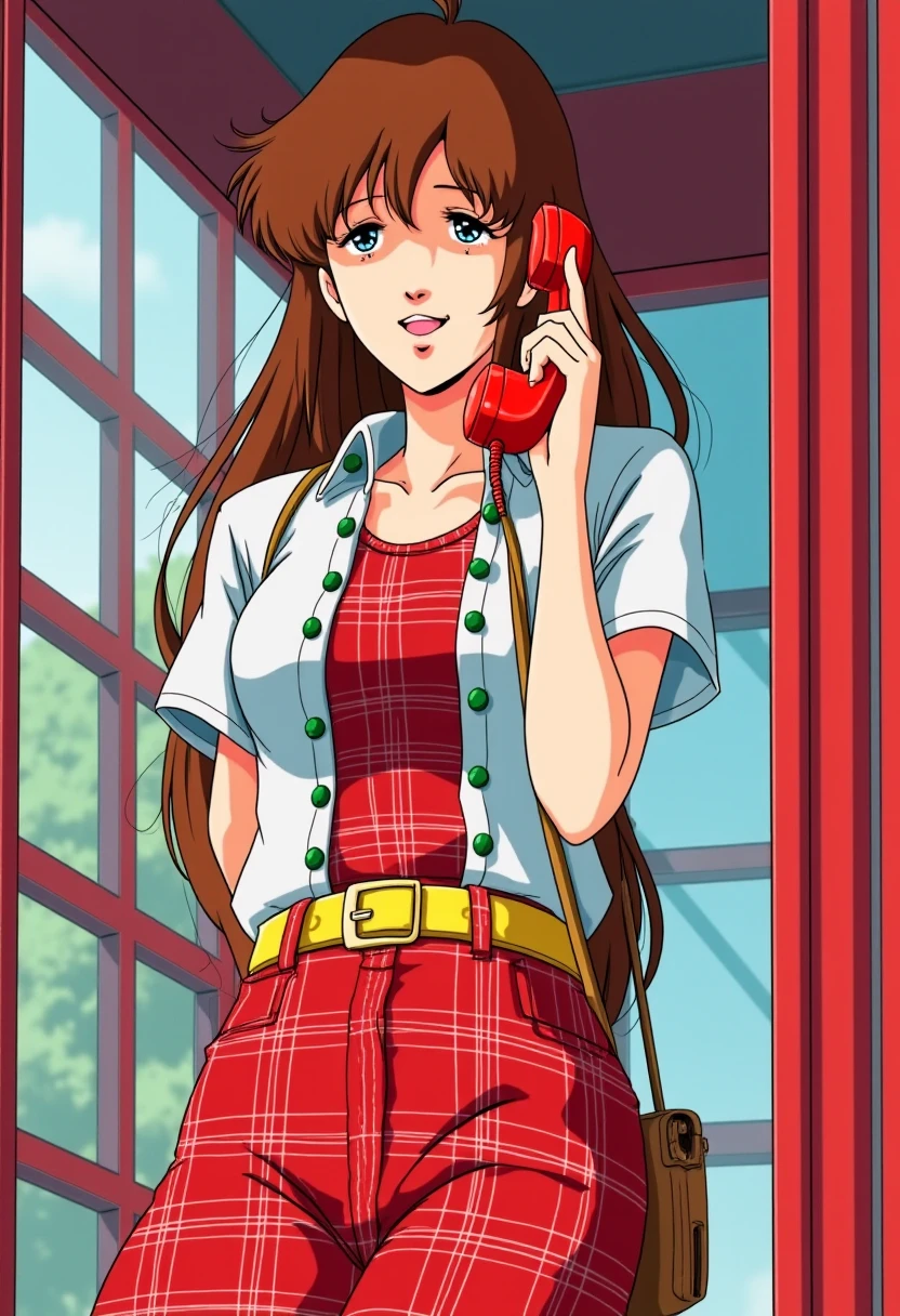 Anime style, sharp, high contrast and highly detailed. Ghibli anime style. Perfect anatomy. Perfect body ratio. No oversized head. No blurry, out of focus pictures. No simple background, no single color background.
She is talking on a red public telephone in a red phone booth. She is wearing a casual, yet stylish outfit that includes a short-sleeved white button-up shirt with green buttons. Underneath, she has a red, plaid-patterned top, which matches her red plaid skirt. A yellow belt cinches the waist, giving the outfit a fitted look. She also carries a small brown bag with a strap over her shoulder, completing the ensemble. Her hairstyle is long and flowing, with soft layers framing her face. The overall look is bright and coordinated, exuding a youthful and energetic vibe. She looks very happy.
 <lora:Misa Hayase - (Flux)_epoch_5:1>, hayase_misa