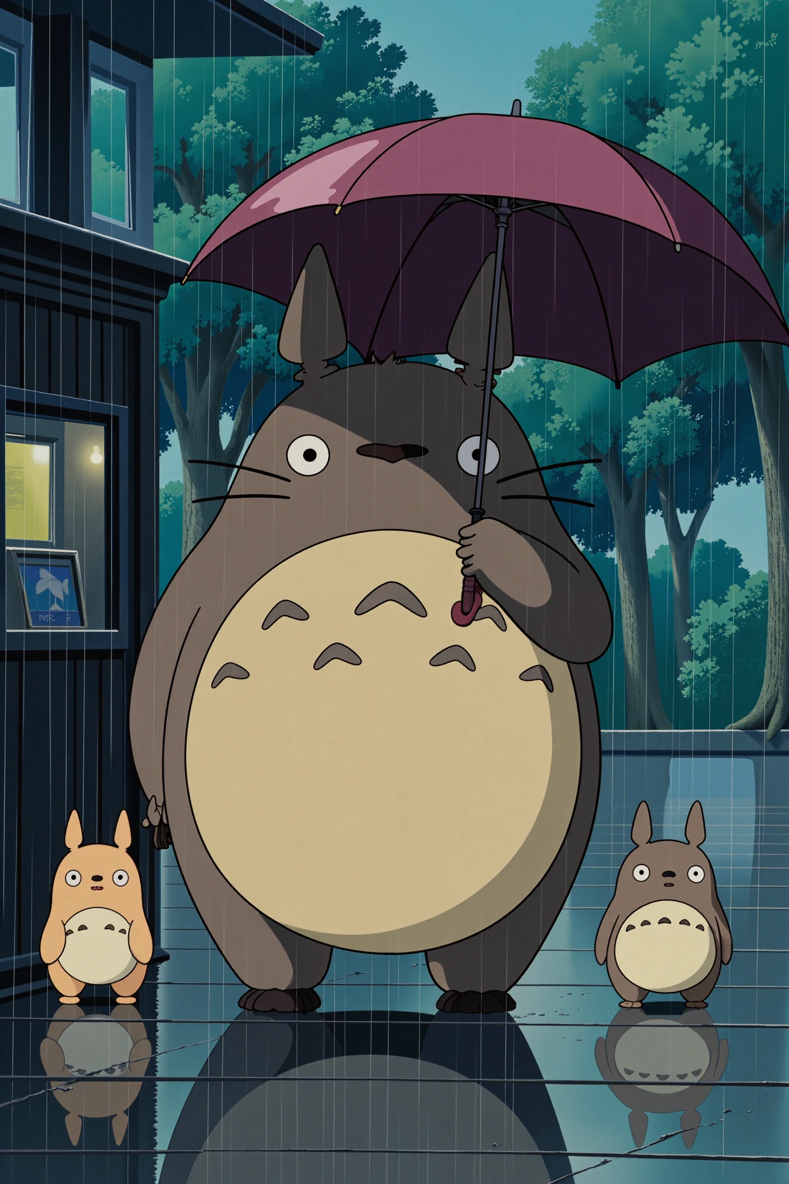 ghibli,
big totoro is holding an umbrella to protect 3 cute little totoros from the rain, bus stop and rain