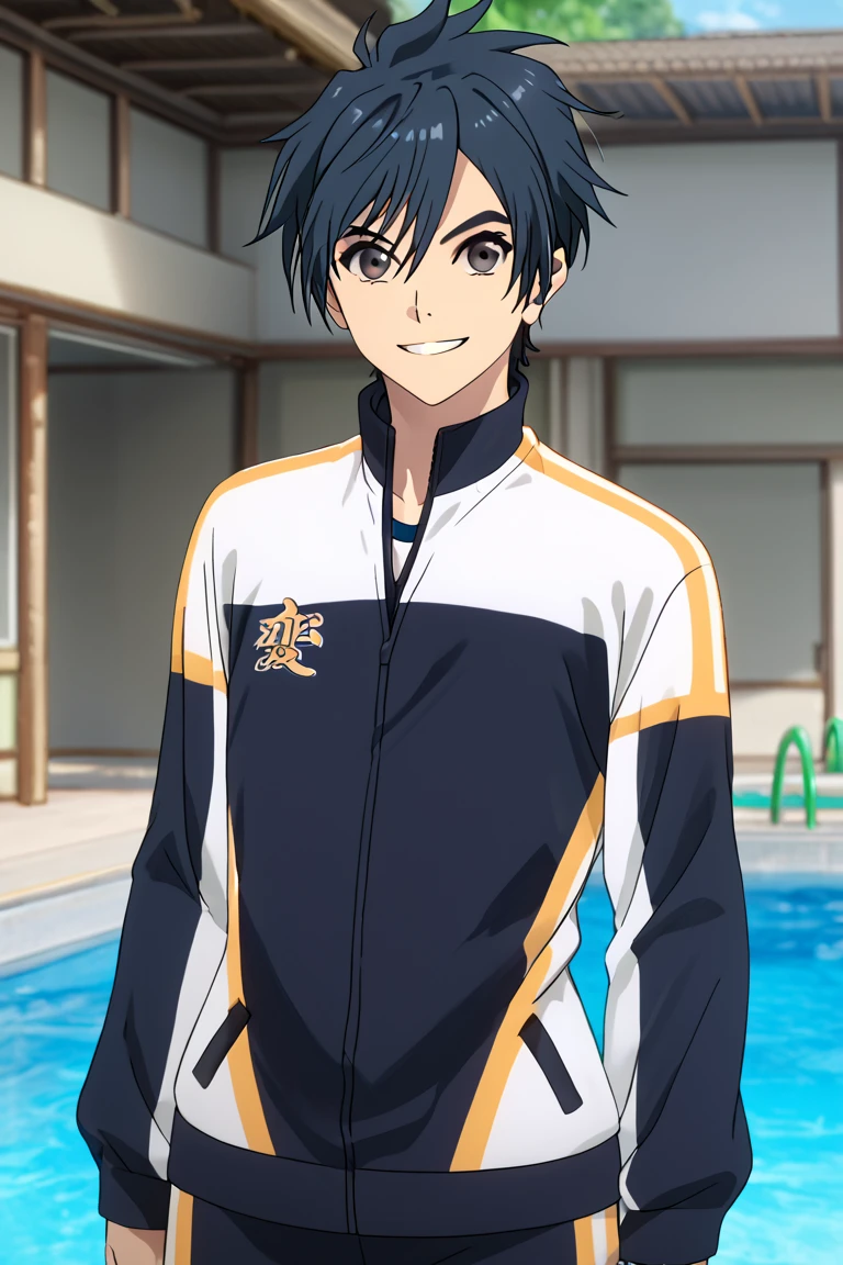 zPDXL2,<lora:re_main-000007>,rating_safe,foreshortening,cowboy shot,1boy,club track jacket,male focus,looking at viewer,smile,pool minato kiyomizu,