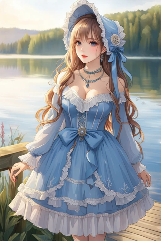 (masterpiece, best quality:1.2),illustration,8k,hd,1 girl,very long hair,solo,(collarbone:1.2),looking at viewer,
whdbd,blue dress,jewelry,necklace,bonnet,long sleeves,bow,lace trim,lace,frills,pantyhose,((cleavage)),big breasts,outdoors,(day, lake:1.5),extremely detailed dress,crystalstexture skin,front view,<lora:whdbd XL:0.65>,