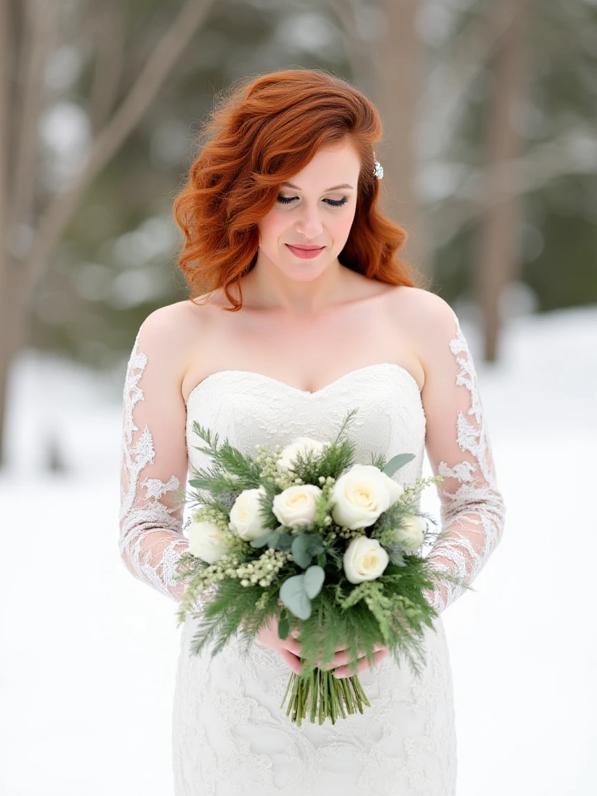 The photograph captures a serene, wintry scene featuring a bride holding a lush, festive bouquet in a snowy outdoor setting. The bride has voluminous, curly, vibrant red hair styled with a silver hairpin and is wearing a strapless, white wedding gown with intricate, long-sleeved lace detailing that cascades elegantly down her arms.